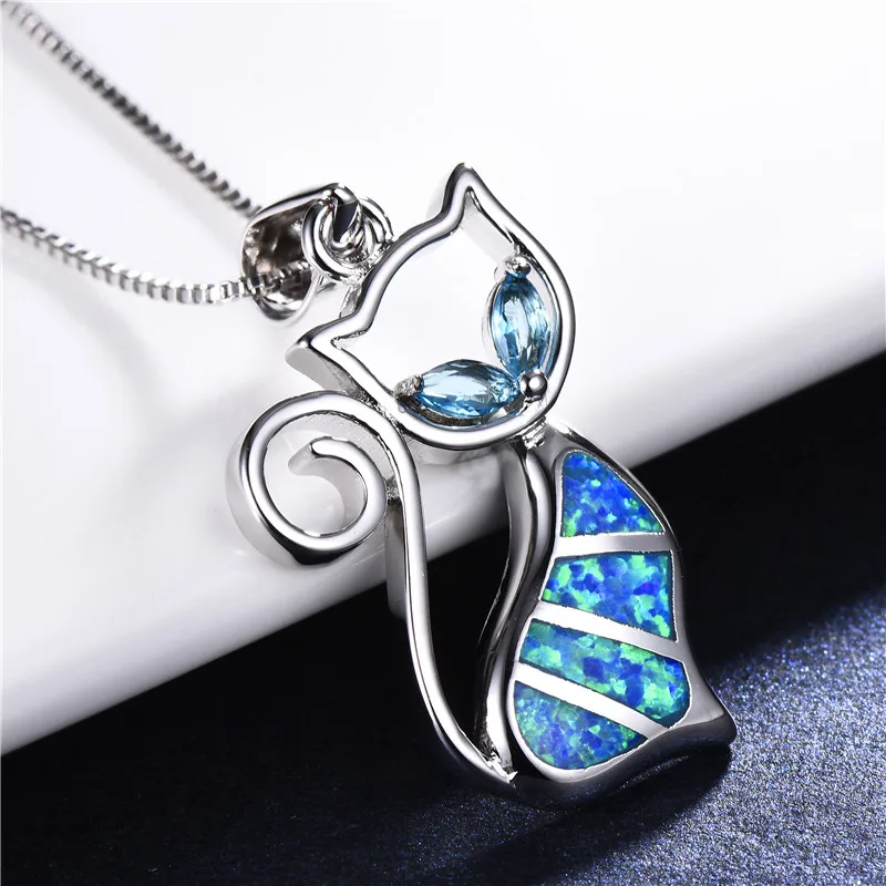 

Boho Women Ladies Cat Eye Pendants Necklaces Blue Fire Opal Stone Choker Necklaces Fashion 925 Sterling Silver Animal Necklace