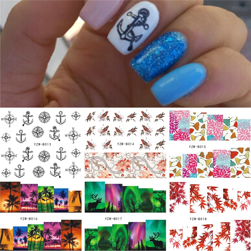 

6 Designs/Set Compass Anchors Elk Maple Leaf Nail Water Decals Black Transfer Stickers Nail Art Sticker Tattoo Decals
