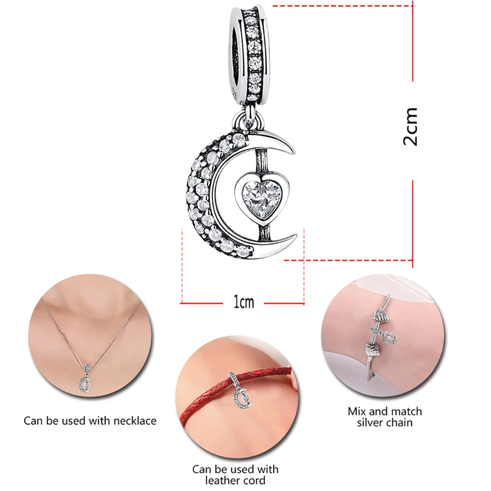 ELESHE, серебро 925 пробы, кубический цирконий, Луна, подвеска в виде сердца, подходит для оригинального браслета, сделай сам, ювелирные аксессуары
