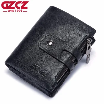 

GZCZ Genuine Leather Men Wallet Casual Short Coin pocket Purse Small clutch Male Purses Zipper Card Holder Clamp For Money Bag