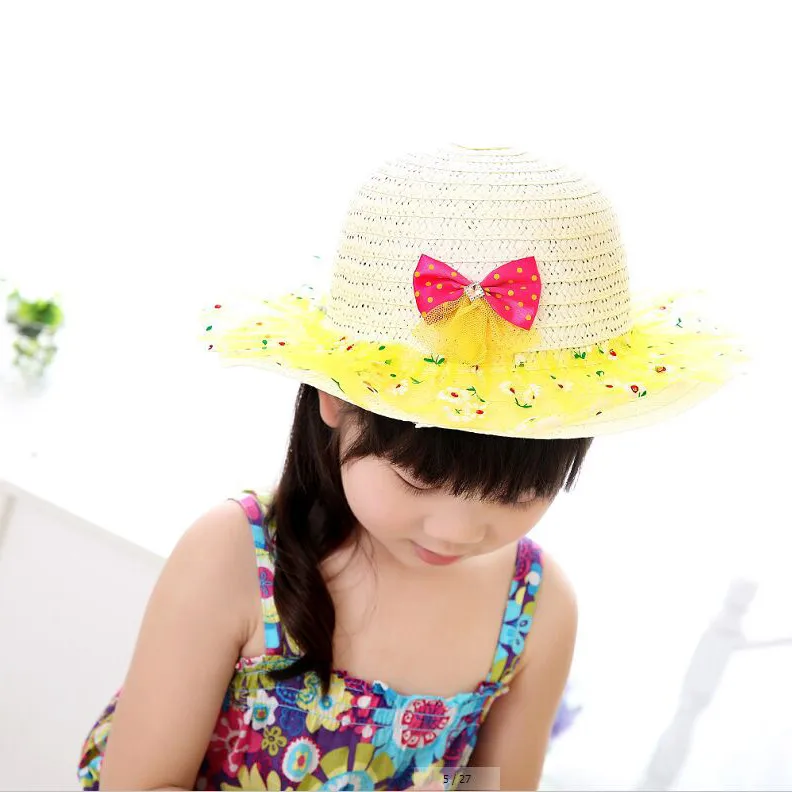 1 шт. Новинка года Лидер продаж летние детские Защита от Солнца шляпа бантом Кружево модная одежда для девочек Кепки принцесса соломенная шляпа 5 цветов 8099
