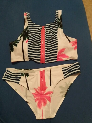 

Beach Swim Holiday New Sexy Swimwear Palm Tree Bikini Set Women Swimsuit Zipped Bathing Suits Maillot De Bain Sport Biquini E644