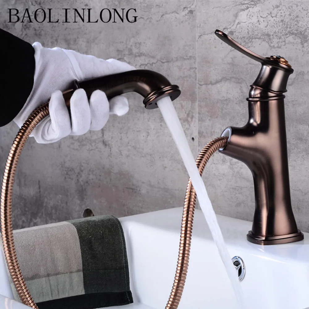 

BAOLINLONG Antique Style Brass Bathroom Basin Faucet Deck Mount Vanity Vessel Sinks Mixer Bath Pull Out Faucet Tap