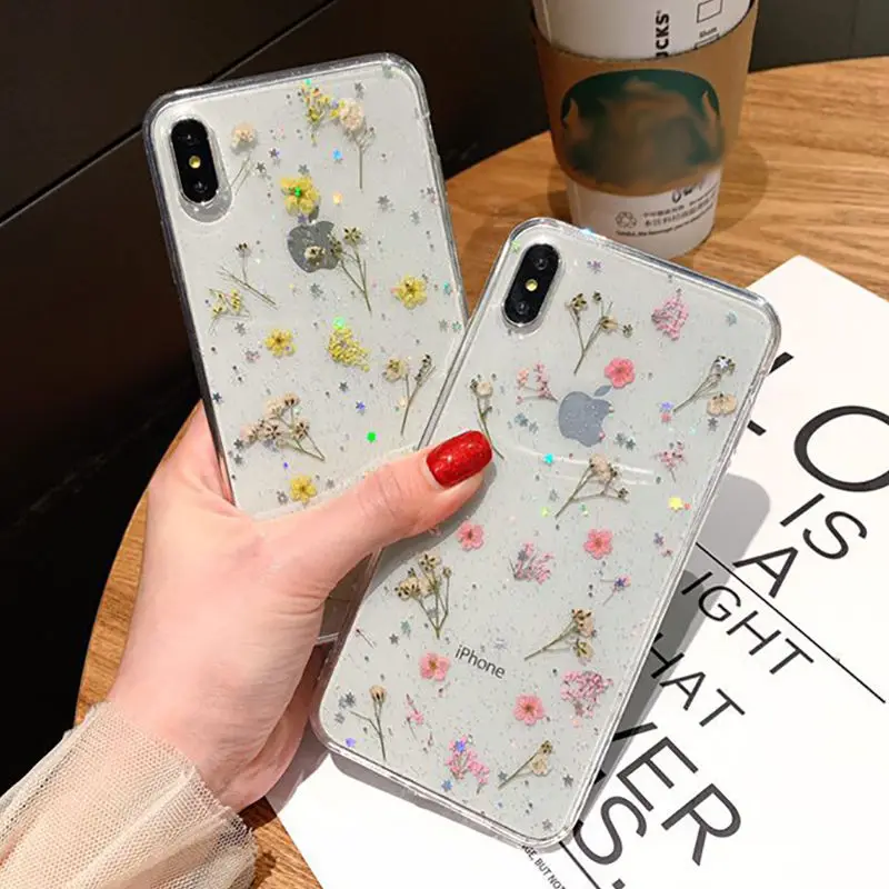 

Dried Flower Clear Soft Silicone Phone Cases For iPhone 6 6S Plus XR XS Max Transparent Bling Back Covers For iPhone X 7 8 Plus