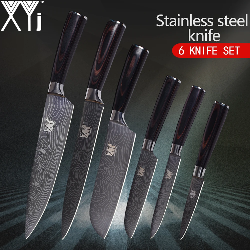 

XYj Quality Kitchen Knives Color Wood Handle 7Cr17 Stainless Steel Knife Damascus Veins 8, 8, 7, 5, 5, 3.5 inch Cooking Tool
