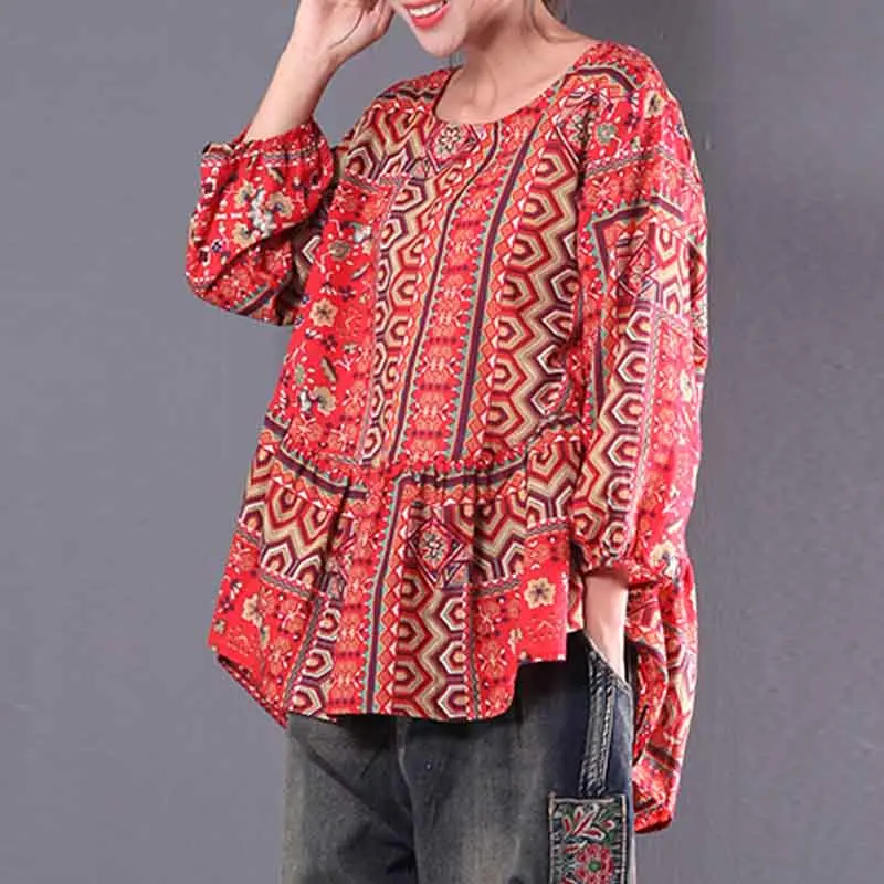 Женская рубашка размера плюс, ZANZEA, женская блузка, туника, топы, винтажный принт, оборки, Blusas, осенние Рубашки с длинным рукавом размера плюс - Цвет: Красный