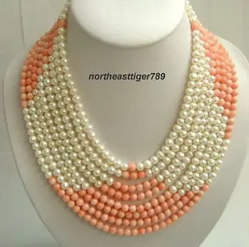 

Hot sale Free Shipping>>8 Rows Real Pink Coral White Pearl 18KWGP Clasp Necklace
