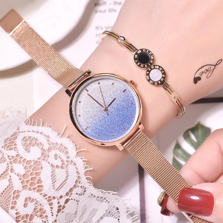 

Hot Sale Women Stainless Steel Gradient Color Starry Sky Watch Luxury Ladies Mesh Hook Buckle Quartz Clock Relogio Feminino 2019