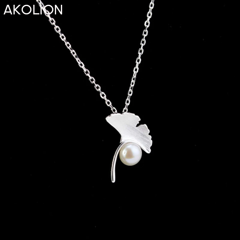 

AKOLION Promotion!! Silver Necklaces Ginkgo Biloba Leaf Pearl Pendants&Necklaces Women Jewelry Bijoux Joyas De Plata wholesale