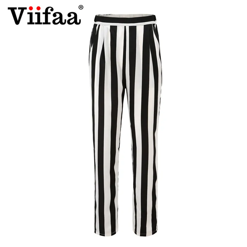stripes Viifaa брюки в полоску с высокой талией, черные и белые контрастные женские брюки, офисные женские элегантные длинные брюки с карманами сбоку - Цвет: stripes