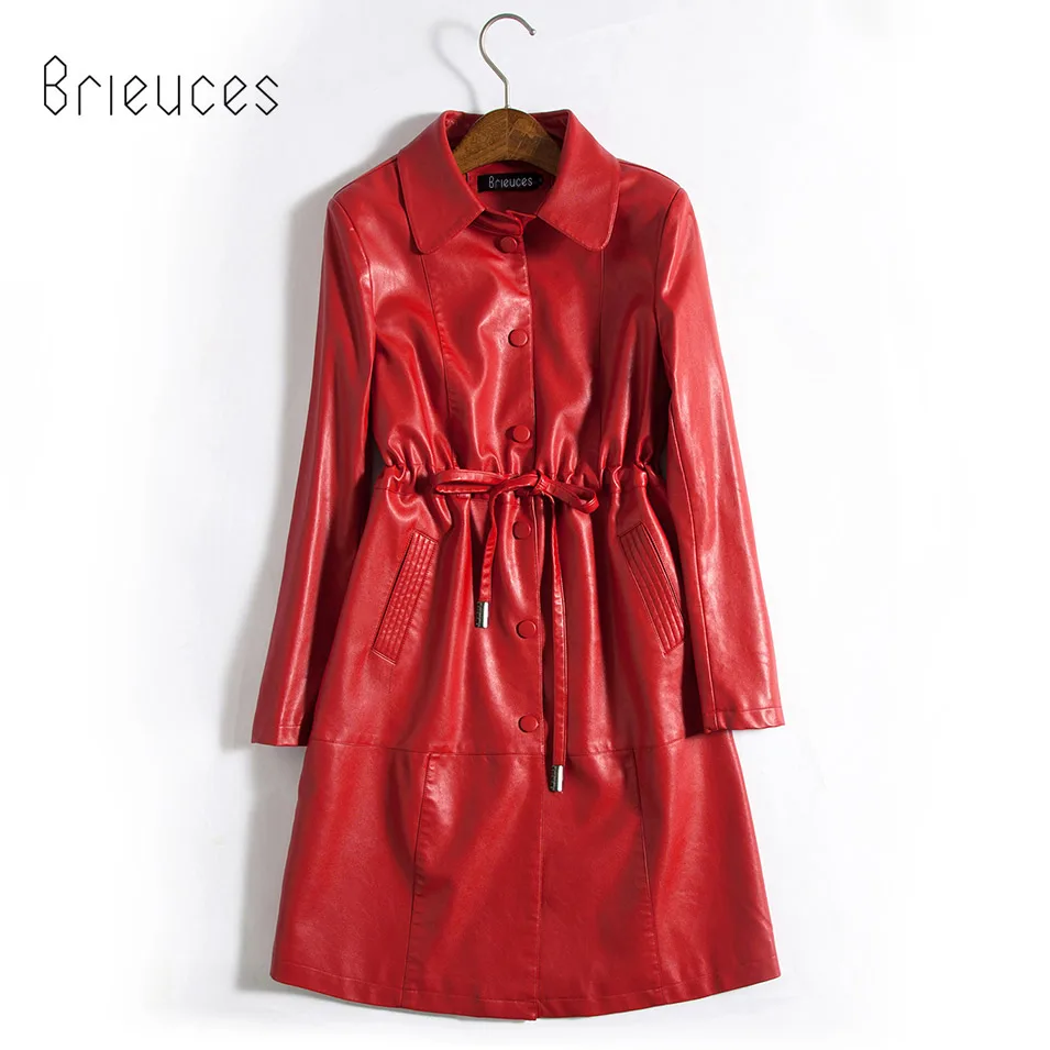 

Brieuces 2018 New Elegant Autumn Winter Leather Jacket Women Medium Long Red PU Leather Coat Ladies Slim Motorcycle Jacket