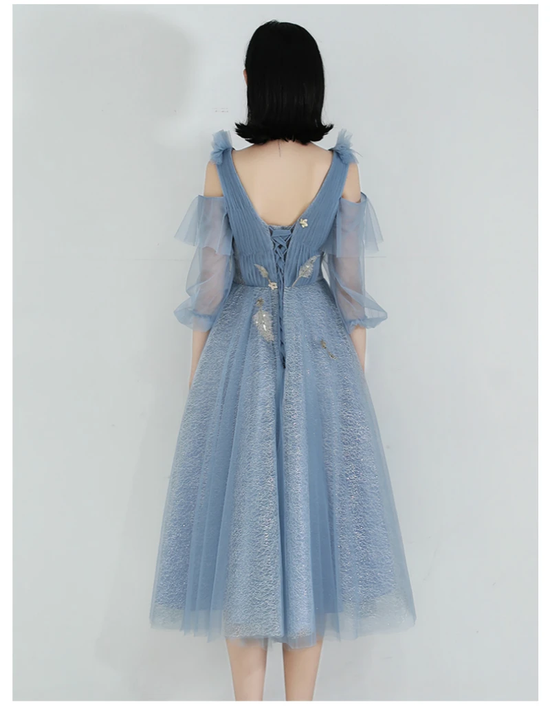 SSYFashion, новое серое синее коктейльное платье, 3/4 рукав, v-образный вырез, аппликация, вечерние, вечерние платья, платье для особых случаев, Vestido De Noche