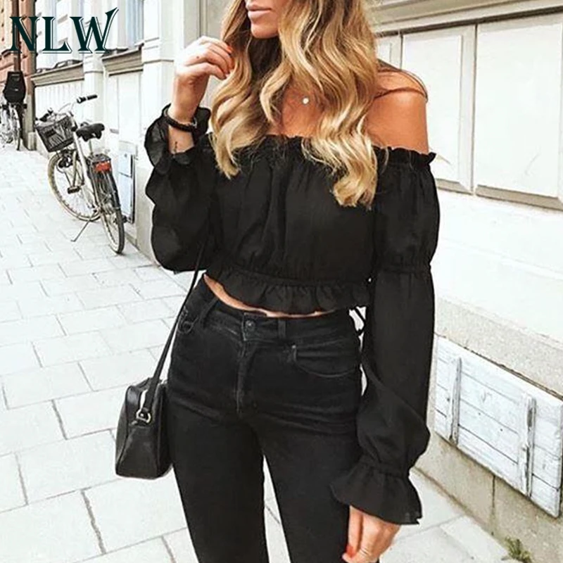 

NLW Off Shoulder Sexy Cropped Blouse Shirt Women Chiffon Crop Top Ruffles Solid White 2019 Spring Blusa Mujer 3 Colors