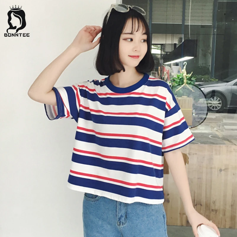 New Fashion Harajuku Women 5 Quarter Sleeve T shirt Womens Striped Thin ...
