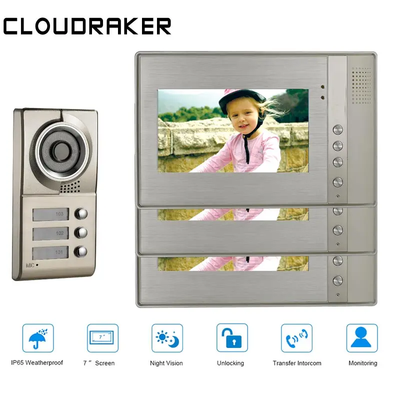 

CLOUDRAKER 7 Inch LCD Video Door Phone Intercom Doorbell 3 Monitors Two-way Access Control Home Security Camera For 3 Apartments