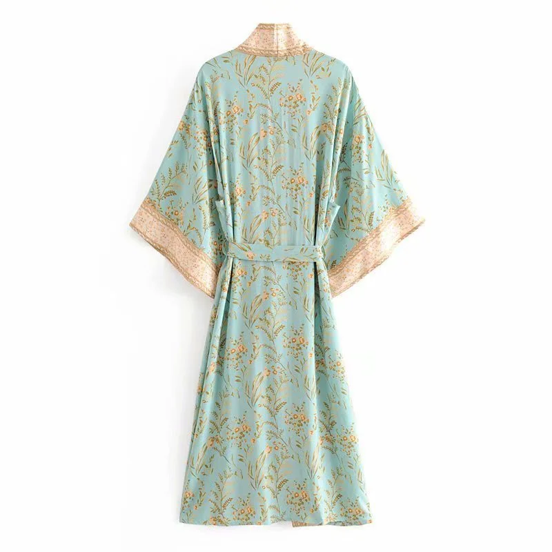  2019 Bohemian Turquoise Floral Print Long Kimono Shirt Ethnic New Women Lacing up Bow Sashes Long C