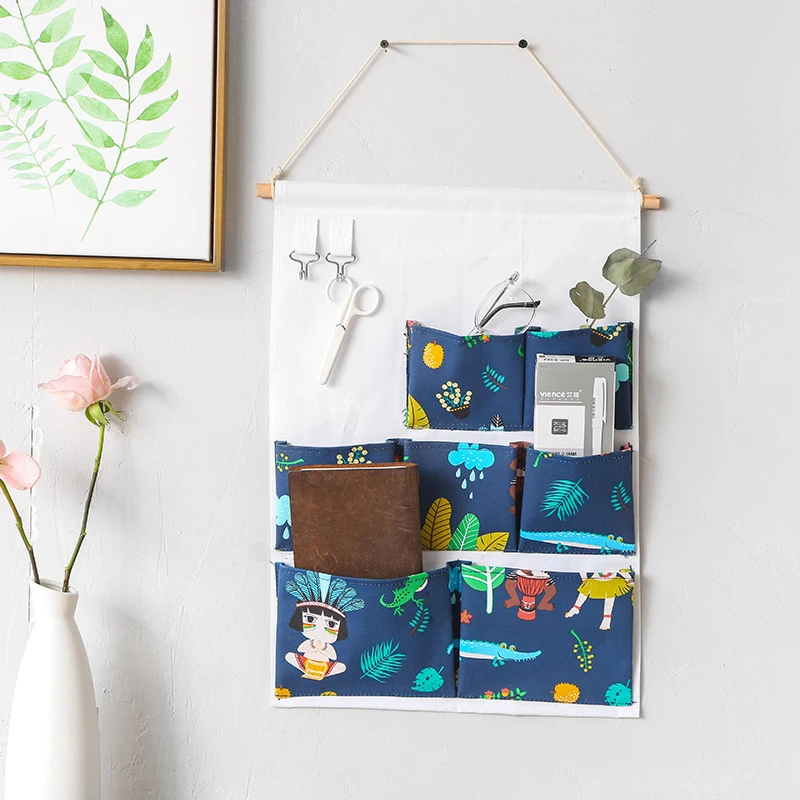 

New Cartoon Wild Girl Flamingo 7 Pockets Wall Hanging Bag Creative Cotton Linen Fabric Sundry Toys Hanging Multi Storey Bags