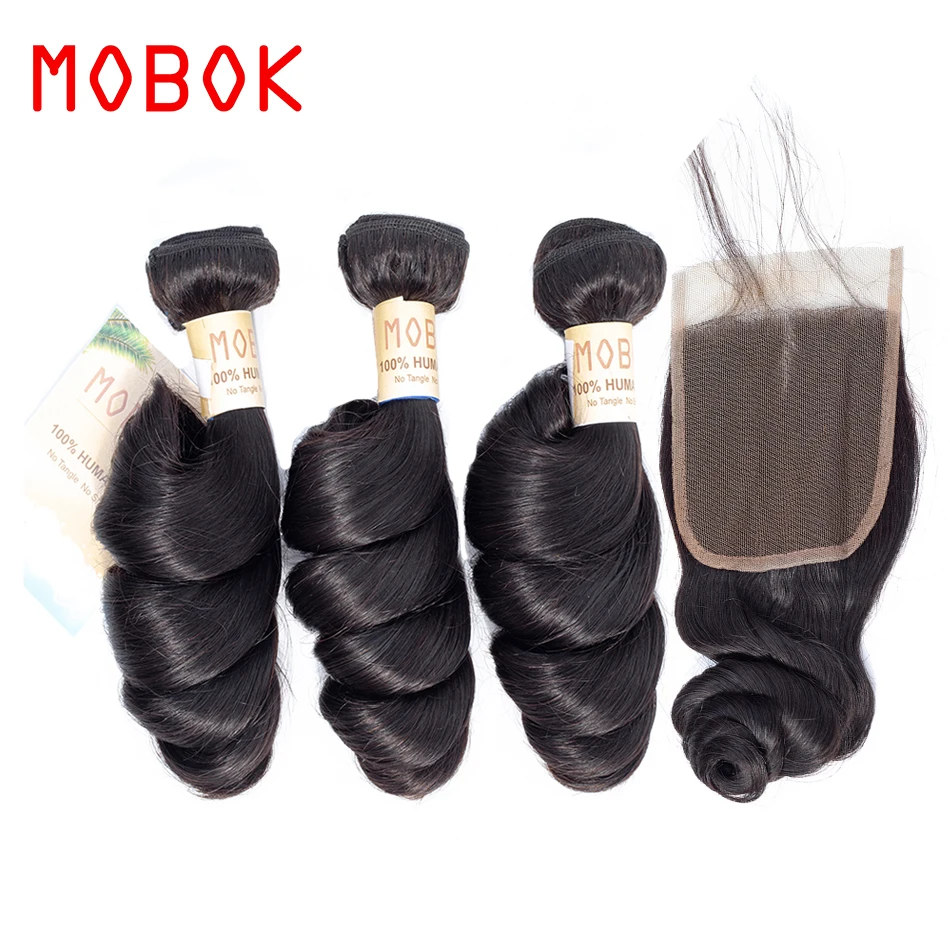 

MOBOK 100% Human Hair Loose Wave Malaysian Hair 3Bundles With Lace Closure Non Remy Natural Color Hair 4PCS Free Shipping