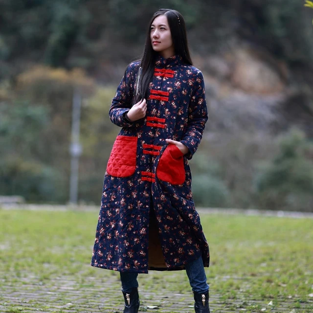 Best price at $129 Cheap BOHOCHIC Original Vintage Ethnic Cotton Linen Floral Print Women Long Warm Parka Plus Size Loose Maxi Coat AZ0423D Boho Chic