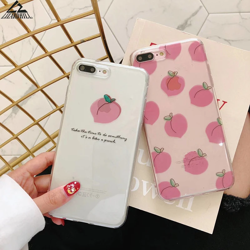 

Lizardhill Fruits Phone Cases For iPhone 7 6 s 6S 8 Plus Transparent Soft TPU Pink Peach cover for iphone x 5 5s se coque fundas