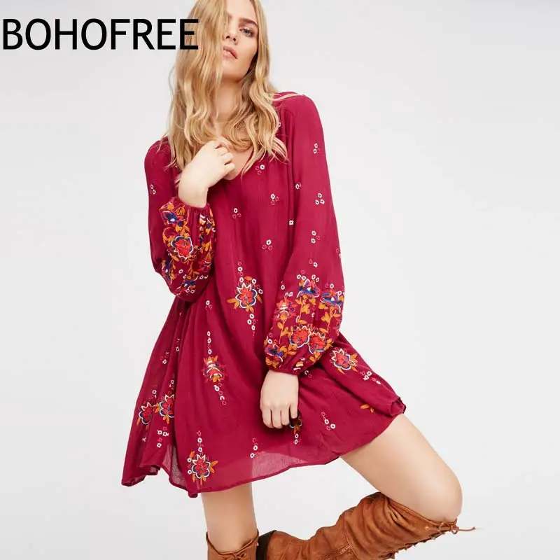 

BOHOFREE Vintage Boho Dress Mujer Floral Embroidery Vestidos Boho People Back Hollow Out Embroidered Loose Bohemian Mini Dress