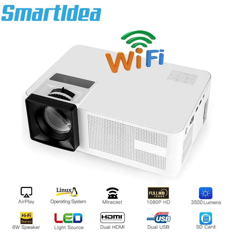 

Smartldea LED Home theater Projector wifi HD cinema Proyector Video game Beamer Airplay Miracast DLNA option Stereo 6W Speaker