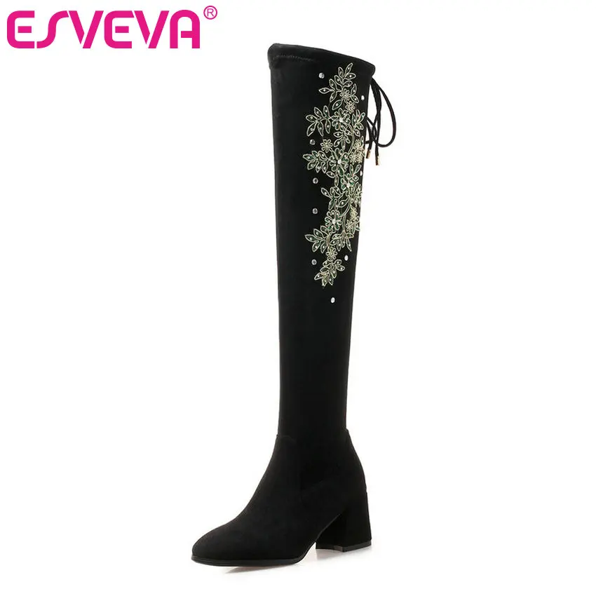 

ESVEVA 2020 Over The Knee Boots Winter Women Boots Square Med Heel Flock Fashion Lace Up Motorcycle Boots Platform Size 34-40