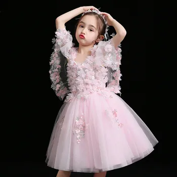 

2019Summer New Toddler Little Girls Pink Color Birthday Wedding Party Appliques Flowers Prom Dress Kids Host Costume Tutu Dress