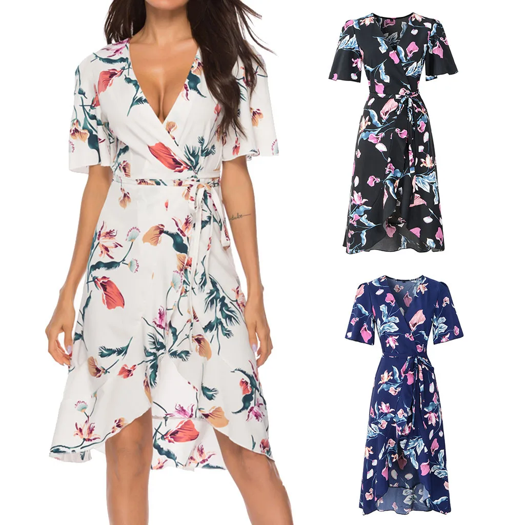 

Women's Summer Dress Boho Print Short Sleeve Dress Knee Length Party Beach Dress Vintage Sexy Bohemian Sundress vestidos платье