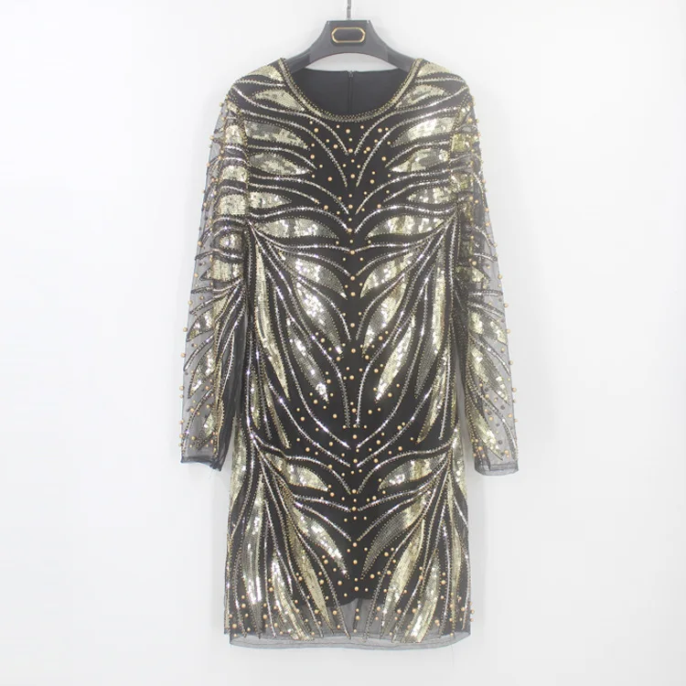 

Luxury Long Sleeve Women 1920s Gatsby Party Dress Vintage Vestido Robe Black Gold Geometric Embellished Sequin Bead Shift Dress