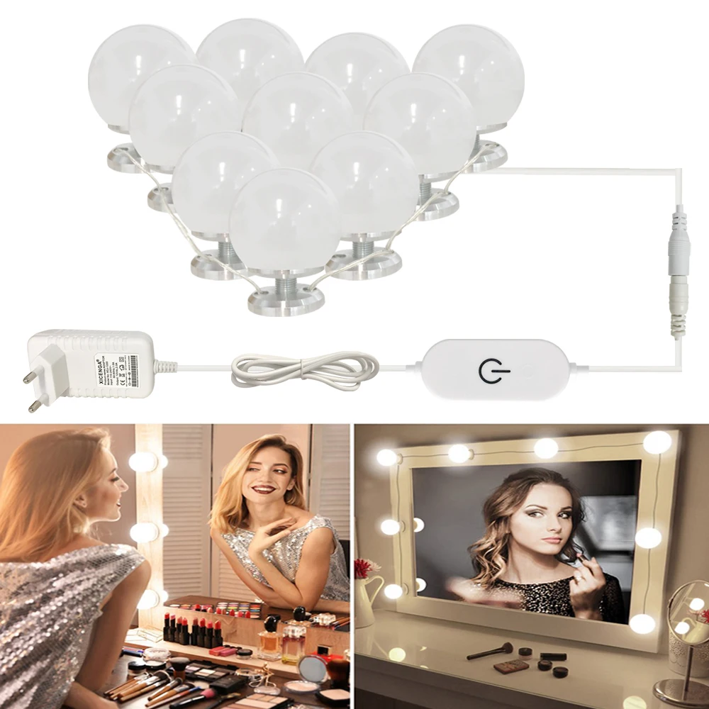 

Makeup Mirror Vanity LED Light Bulbs Kit Brightness Stepless Dimmable Screw on Hide wires Make up lamps Hollywood Cosmetic light