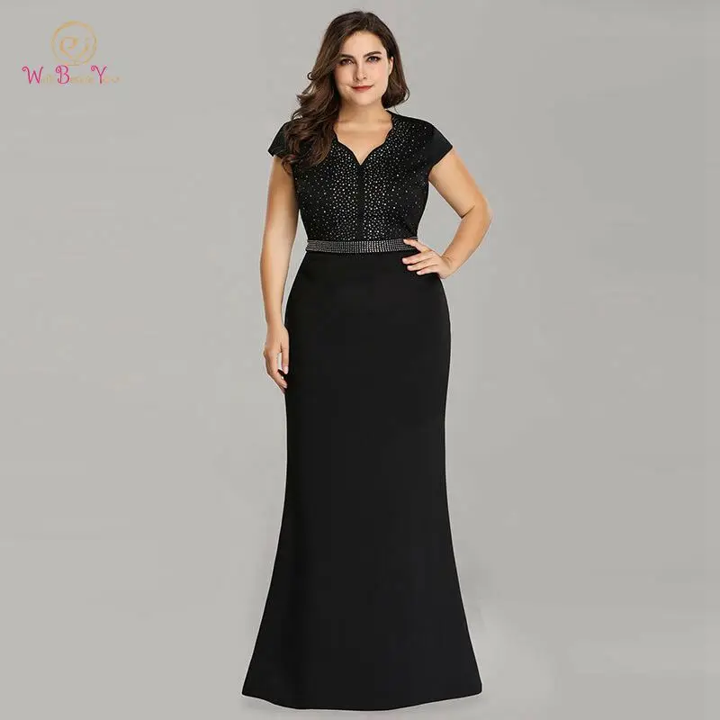 

Plus Size Black Satin Formal Evening Dresses Sweetheart Neck Elegant Short Sleeves Floor Length Crystal Mermaid Women Party Gown