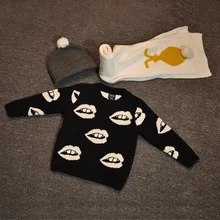 2015 New Arrival Brand Winter Baby Sweater Girls Boys Black White Lips Knitted Autumn Cardigan Baby Outfits Clothing