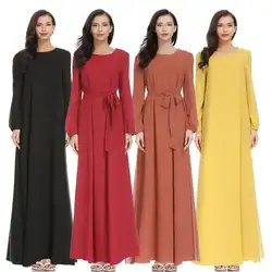 Однотонные шифоновые мусульманские халаты для женщин, Бандажное платье с длинным рукавом, женские повседневные платья с круглым вырезом