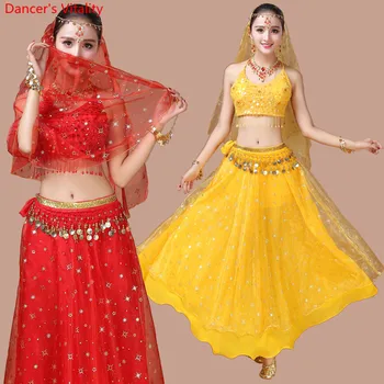 

2PCS sleeveless Belly Dance Costume Bra + Training skirt Oriental Dance Clothing Suit Women Girls Belly Dance Wear Sequins