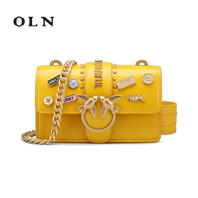 

OLN NEW Women's bag Genuine Leather handbag Fashion metal chain badge design small Flap shoulder Ladies Crossbody bags Swallow