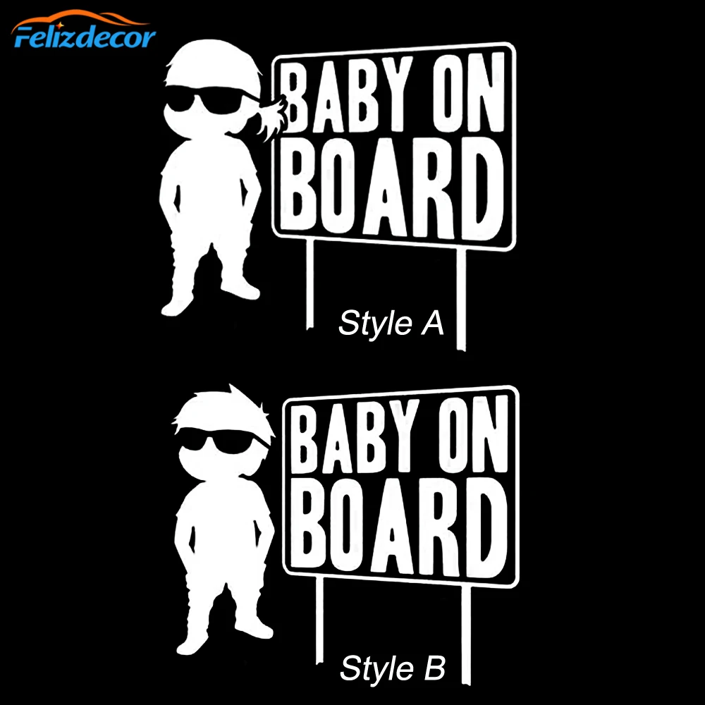 

17*15cm New Creative Baby on board Sign Car Sticker Cool Sunglasses Boy or Girl On Board Art Car Window Bumper Decor White L1024