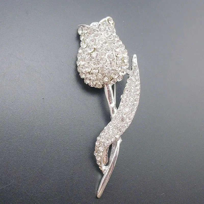 

1 Piece Shining Beautiful Silver Plated Flower Clear Rhinestone Crystal Rose Brooch Bouquet Pin for Women Men Item No.:BH7672
