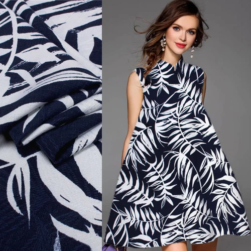 

White leaves print on blue background pure spun silk fabric 130cm width,SRS054