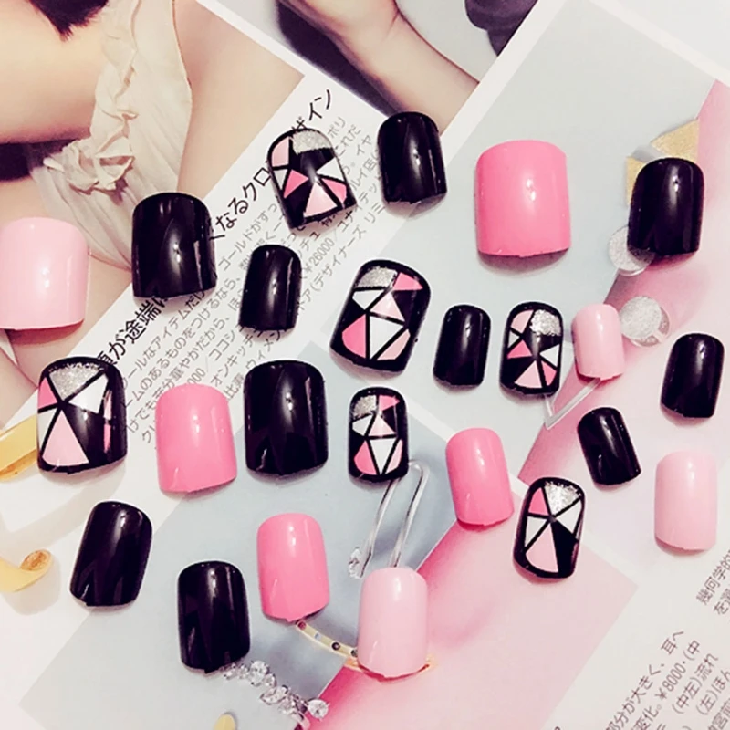 24Pcs/Set Black + Hot Pink Acrylic Nail Tips Short False Nails Art