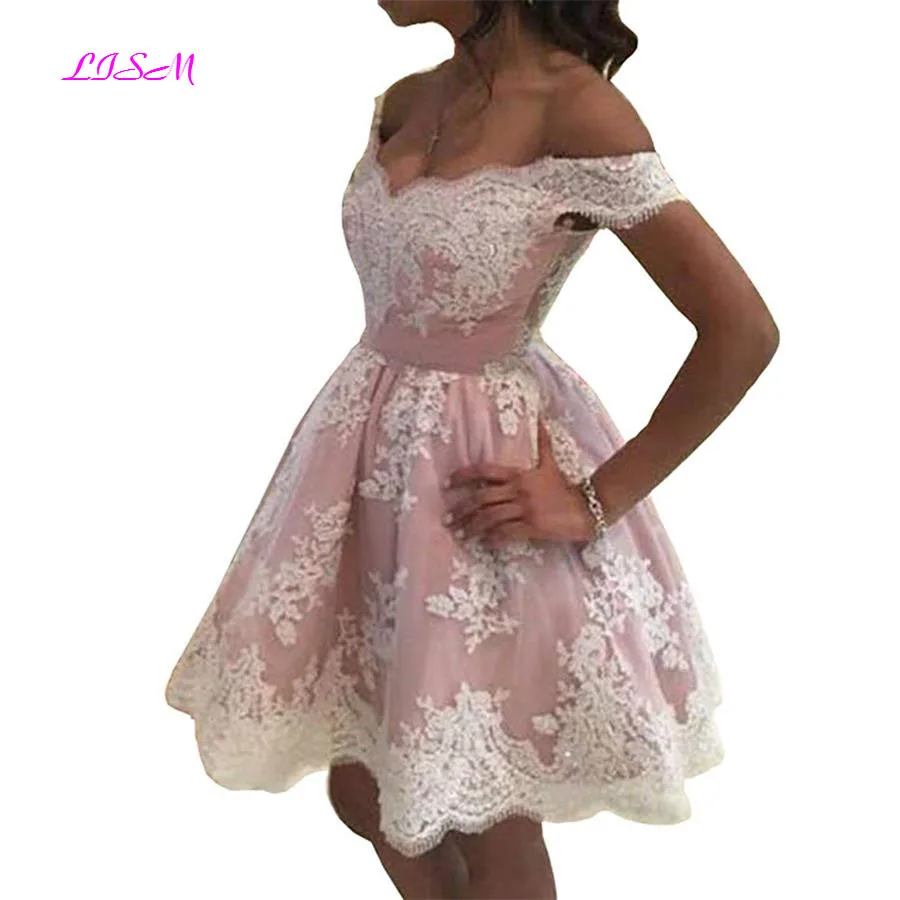 LISM мини платья для выпускного вечера с открытыми плечами, кружевное короткое коктейльное платье с аппликацией в стиле ампир, милые розовые платья для выпускного вечера, vestidos coctel