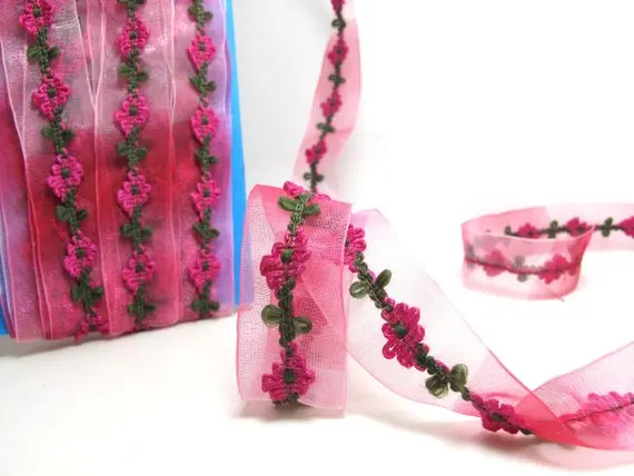 2 Yards 1 Inch Transparent Chiffon Ribbon with Fuchsia Woven Picot Edge Trim|Hair Accessories Craft Supplies|Bow Making | Дом и сад