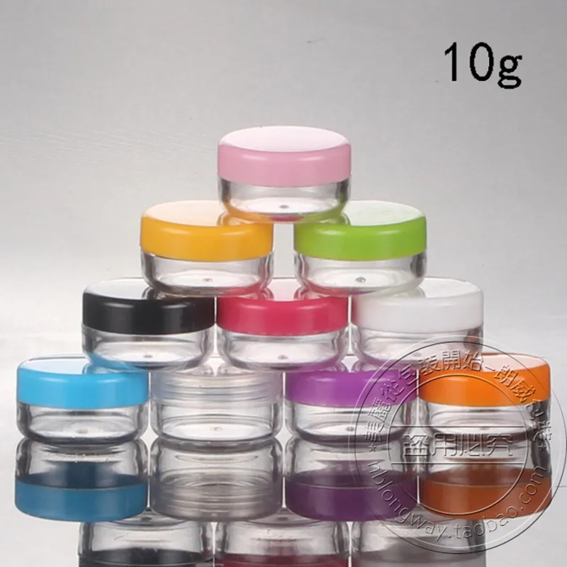 100PCS/LOT-10G Cream Jars,Colorful Caps,Clear Plastic Cosmetic Container,Small Empty Nail Art Cans,Sample Makeup Sub-bottling