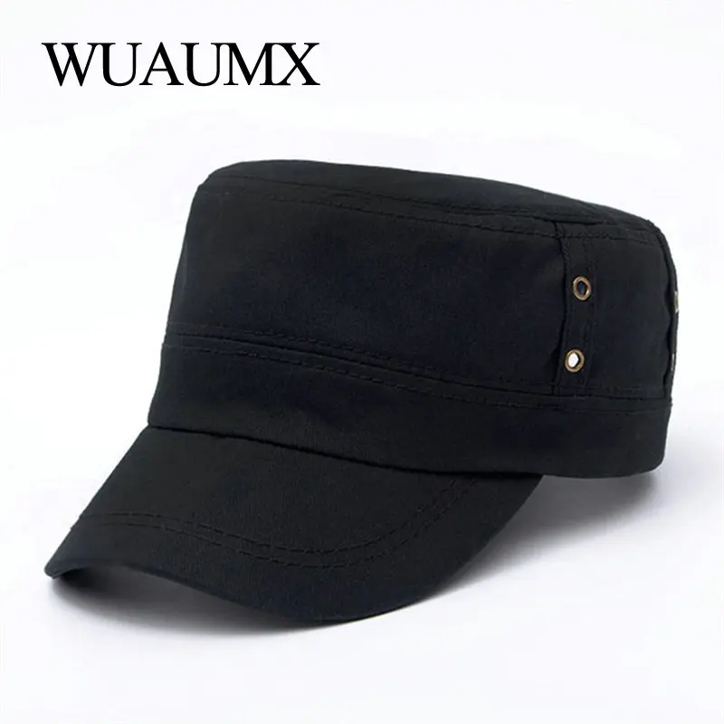 

Wuaumx NEW High quality Military Cap For Men Washed Cotton Military Hat Women Summer German Army Cap Flat Top Hat Solid Color