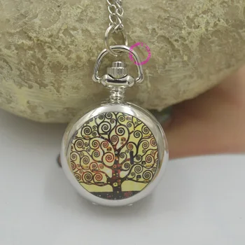 

Topearl Jewelry Klimt Tree Life Quartz Necklace Pocket Watch woman lady girl fashion fob watches long chain silver antibrittle
