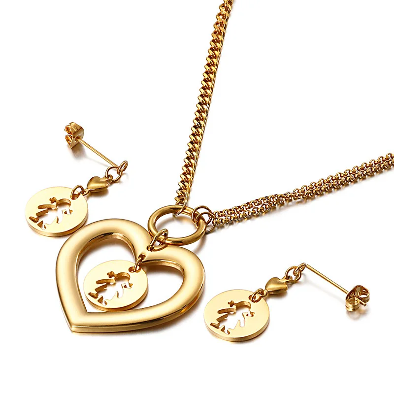 

New gold silver stainless hollow heart girl pattern pendant charms earring and necklace jewelry set women gift lover jewelry