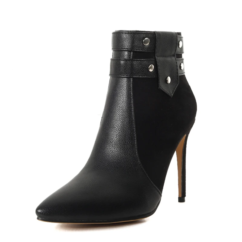 WETKISS/женские ботильоны на высоком каблуке женские ботинки из искусственной кожи с острым носком и заклепками обувь для вечеринок г. Женская зимняя обувь размера плюс 32-46 - Цвет: Черный