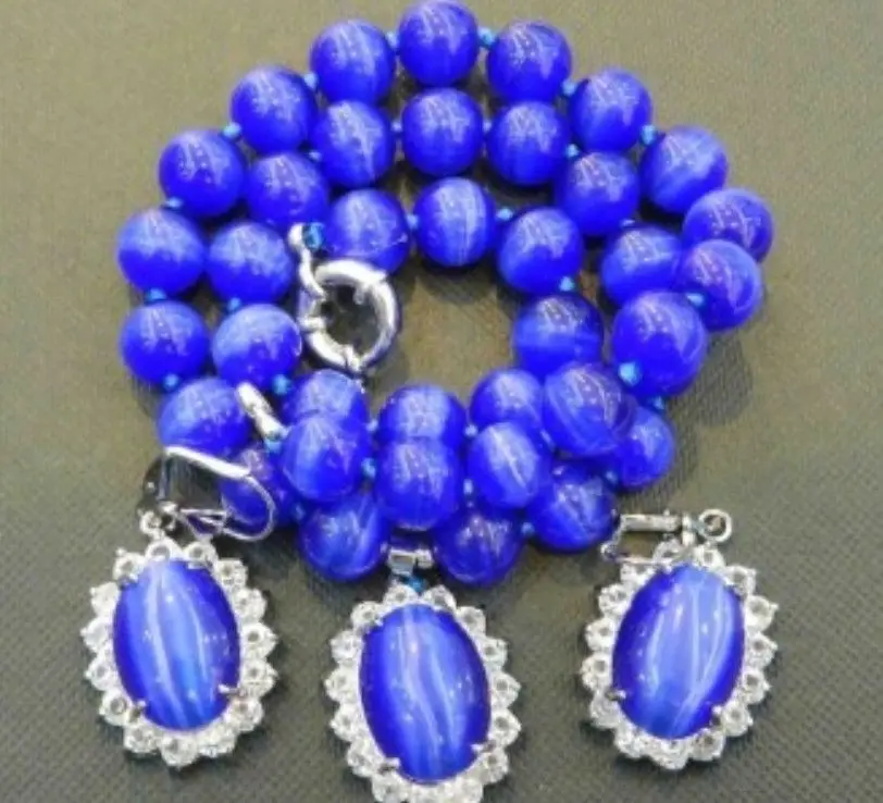 

FREE SHIPPINGSapphire Blue Mexican Opal Round Beads Gems Pendant Necklace Earring Set 18