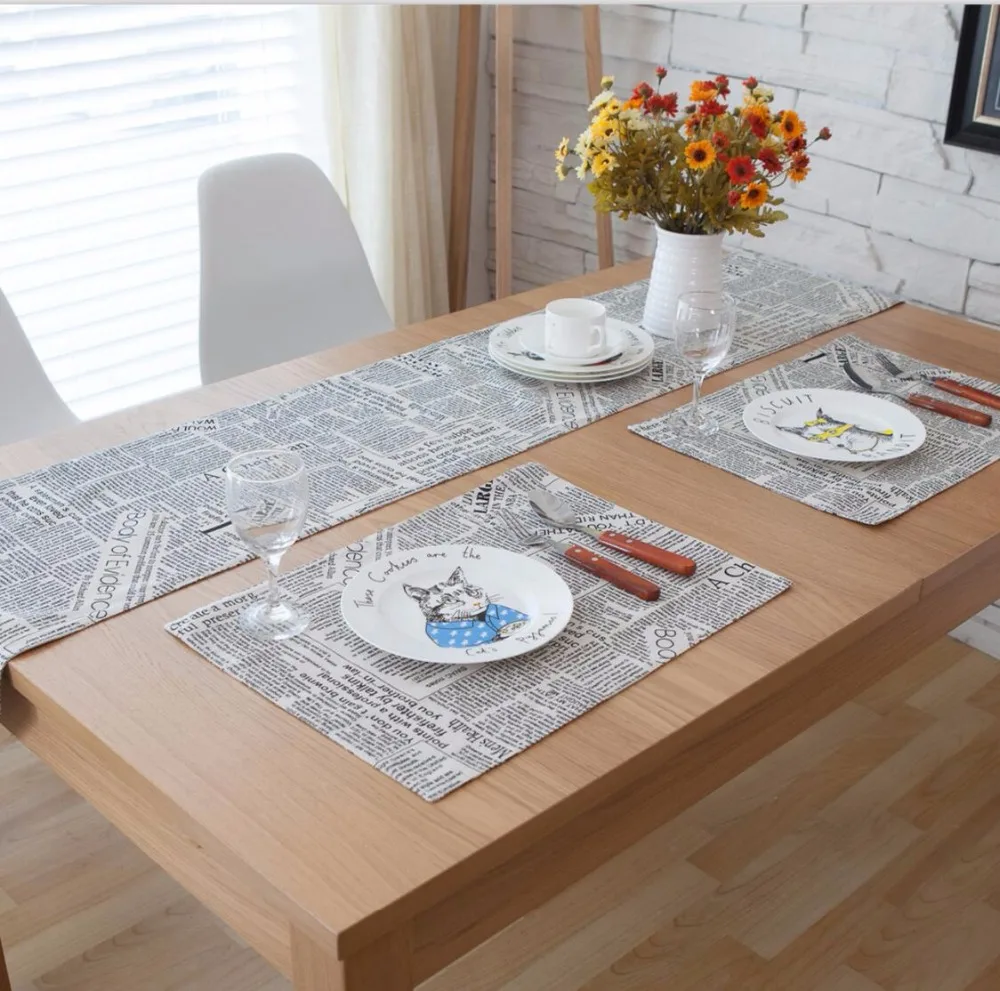 3/5/7 Pieces Linen Cotton News Paper Printed Table Runner And Placemat