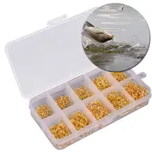 600 шт. рыболовные крючки с отверстием, коробка для рыболовных снастей, 10 размеров, крючки из углеродистой стали, Золотые рыболовные крючки